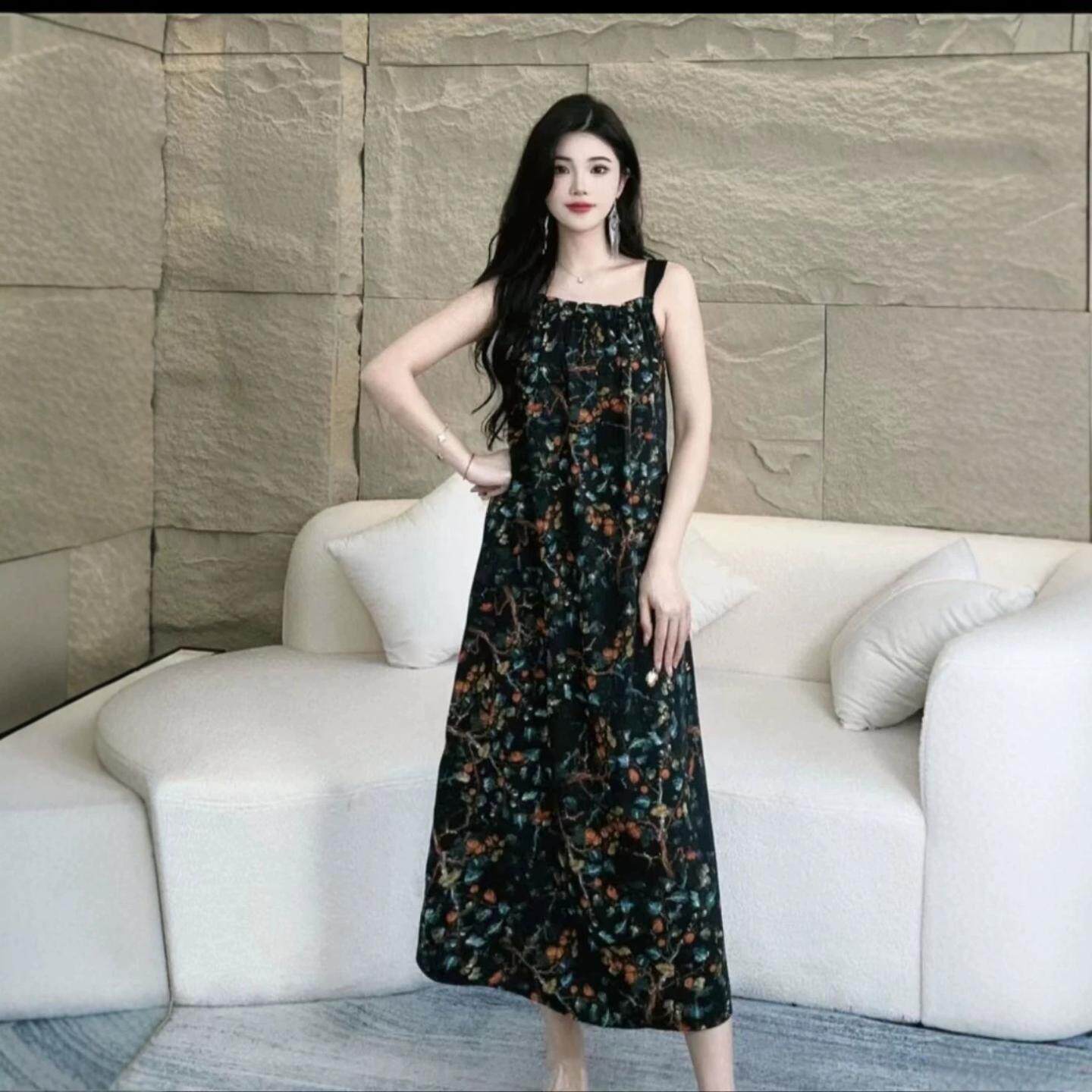 夏款宽肩带一字领碎花连衣裙女