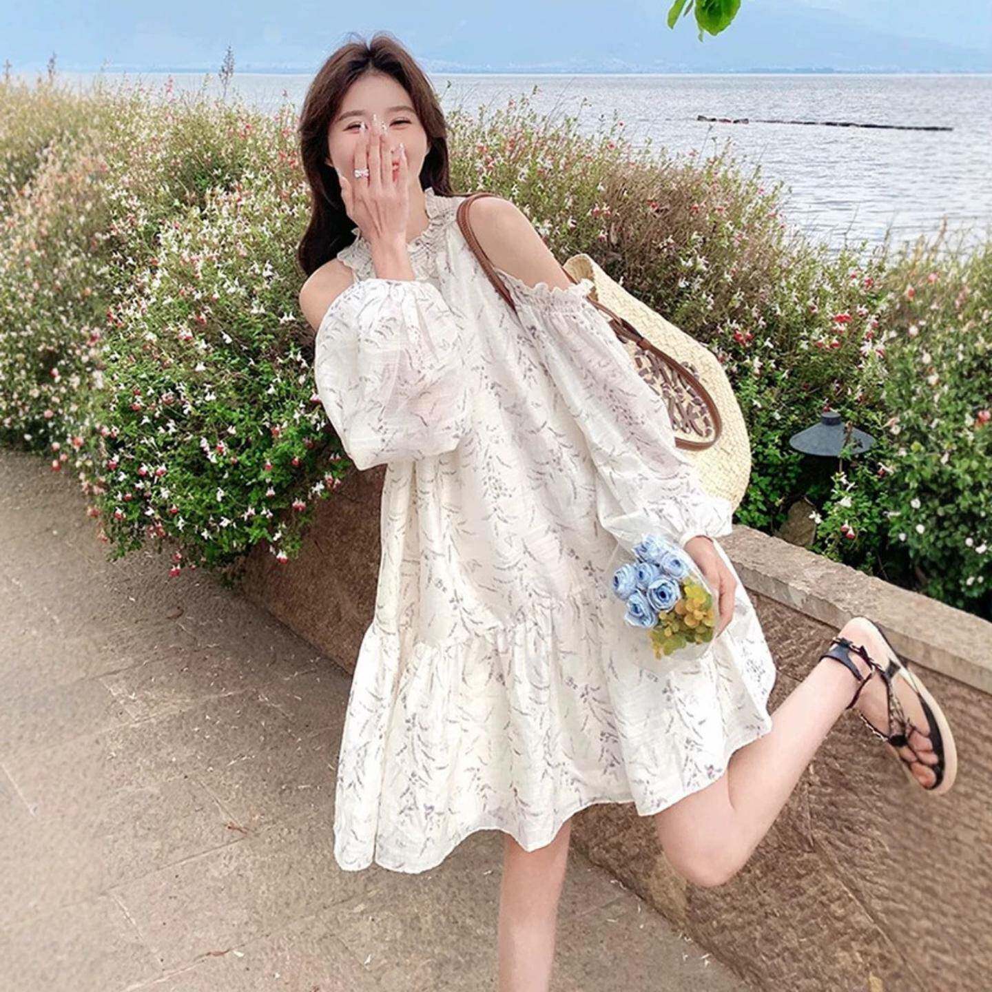 法式碎花露肩灯笼袖连衣裙女夏季