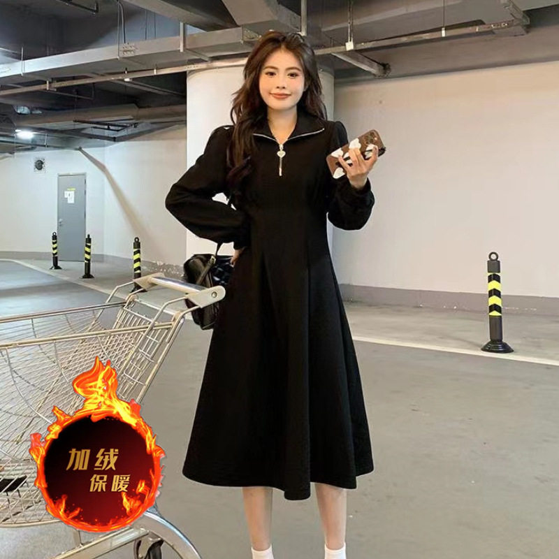 心领口拉链加绒连衣裙秋冬新款女温柔风内搭配大衣内搭中长裙子
