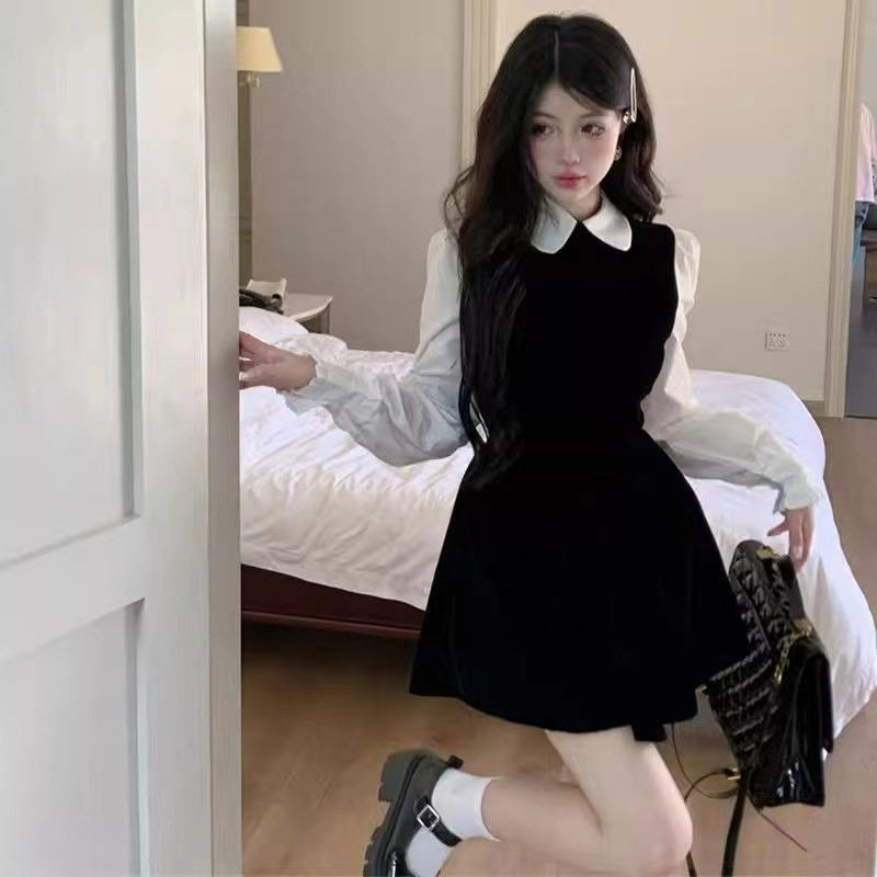 学院风撞色假两件连衣裙女