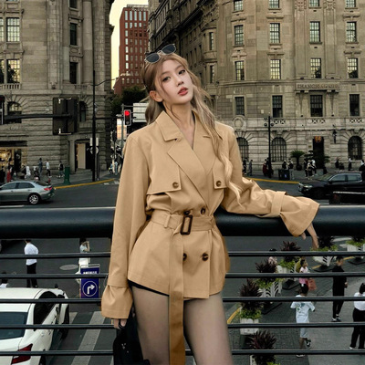 感风衣外套女秋季新款女装卡其色英伦风小个子收腰短款大衣潮