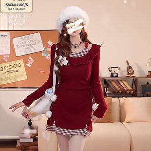 辣妹圣诞红色格子荷叶连衣裙长袖针织冬季新款收腰显瘦短裙裙子女