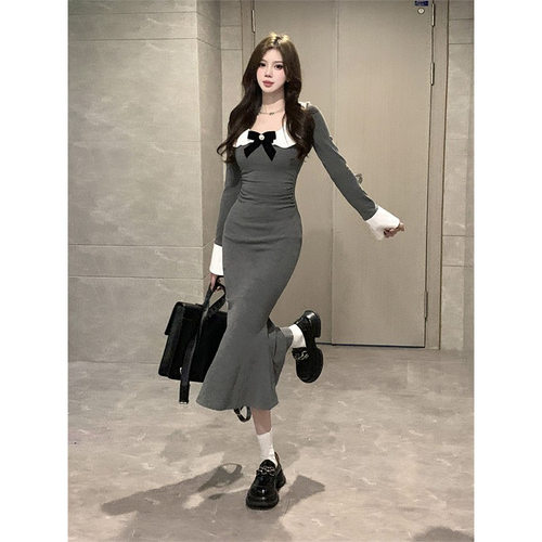 娃娃领显高针织鱼尾连衣裙