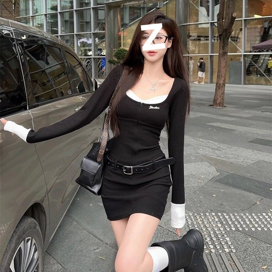 辣妹风纯欲黑色长袖连衣裙