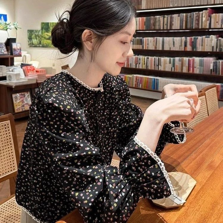 宽松百搭显瘦碎花衬衫上衣女春秋新款衬衣女法式减龄洋气独特别致