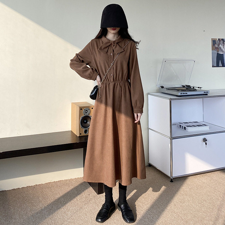 2025秋冬新款连衣裙女蝴蝶结Polo领复古打揽气质收腰显瘦中长裙子