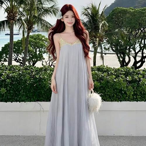绝美海岛度假风蓝色复古蕾丝吊带