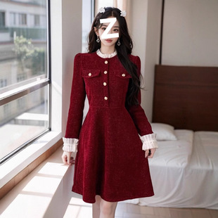 过年战袍新年红色小香风连衣裙女秋冬小个子年会小礼服轻奢高级感