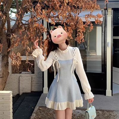 新款假两件小香风连衣裙女春miu系穿搭松本掐腰小个子短裙女气质