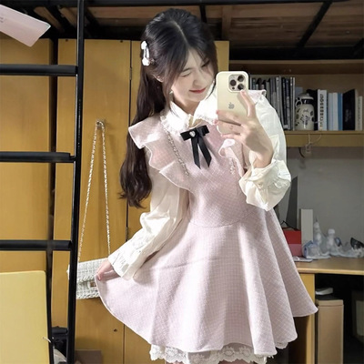 秋冬粉色A字背带连衣裙女