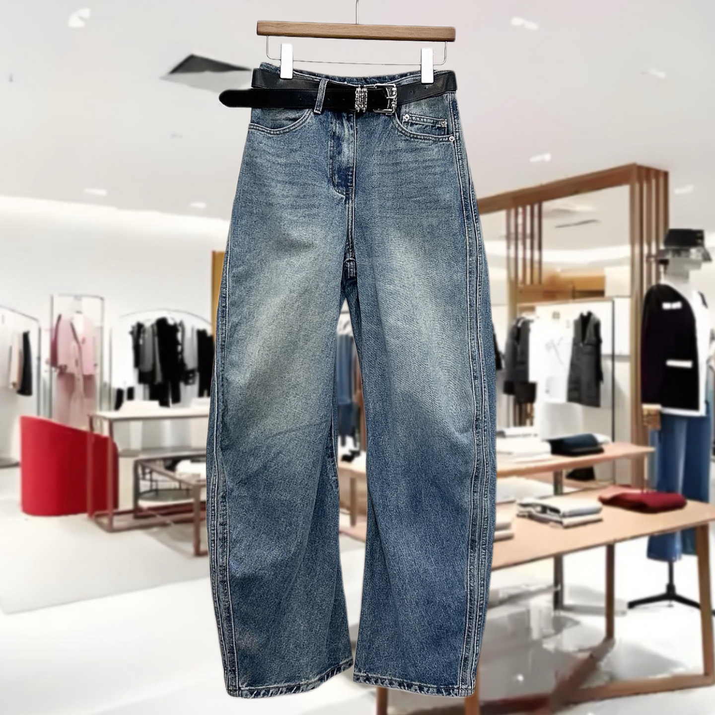 MLady蕾迪秋季新款窄版直筒弯刀牛仔裤女复古蓝色宽松阔腿裤17683