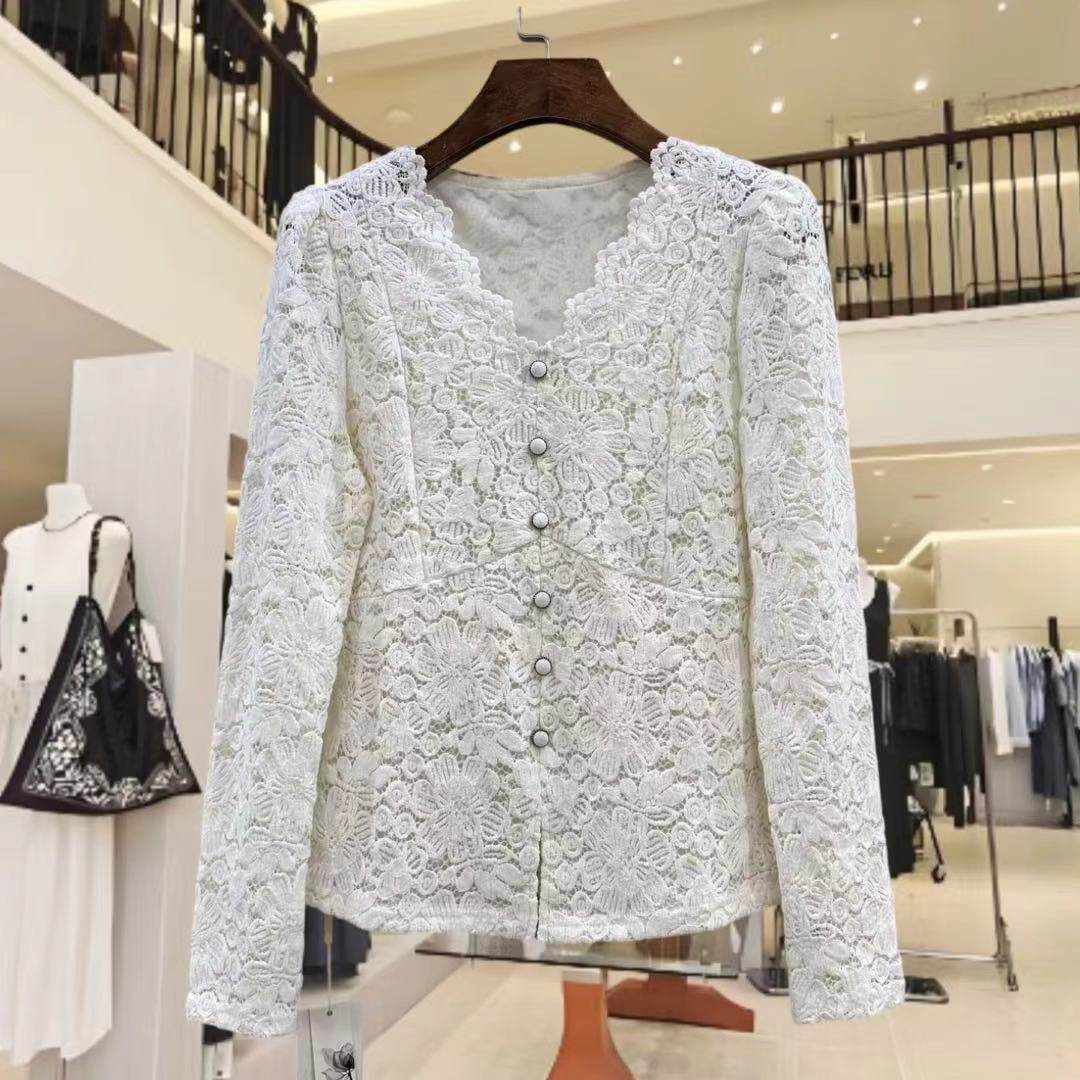 赫琳娜1362 欧货门禁单排扣V领植绒蕾丝小衫打底衫上衣秋冬正品