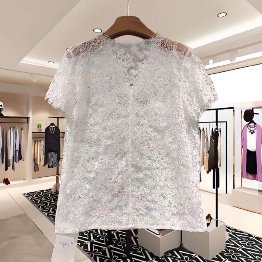 欧洲站2026年夏装新款女装透视蕾丝上衣小衫V领短袖百搭显瘦专柜