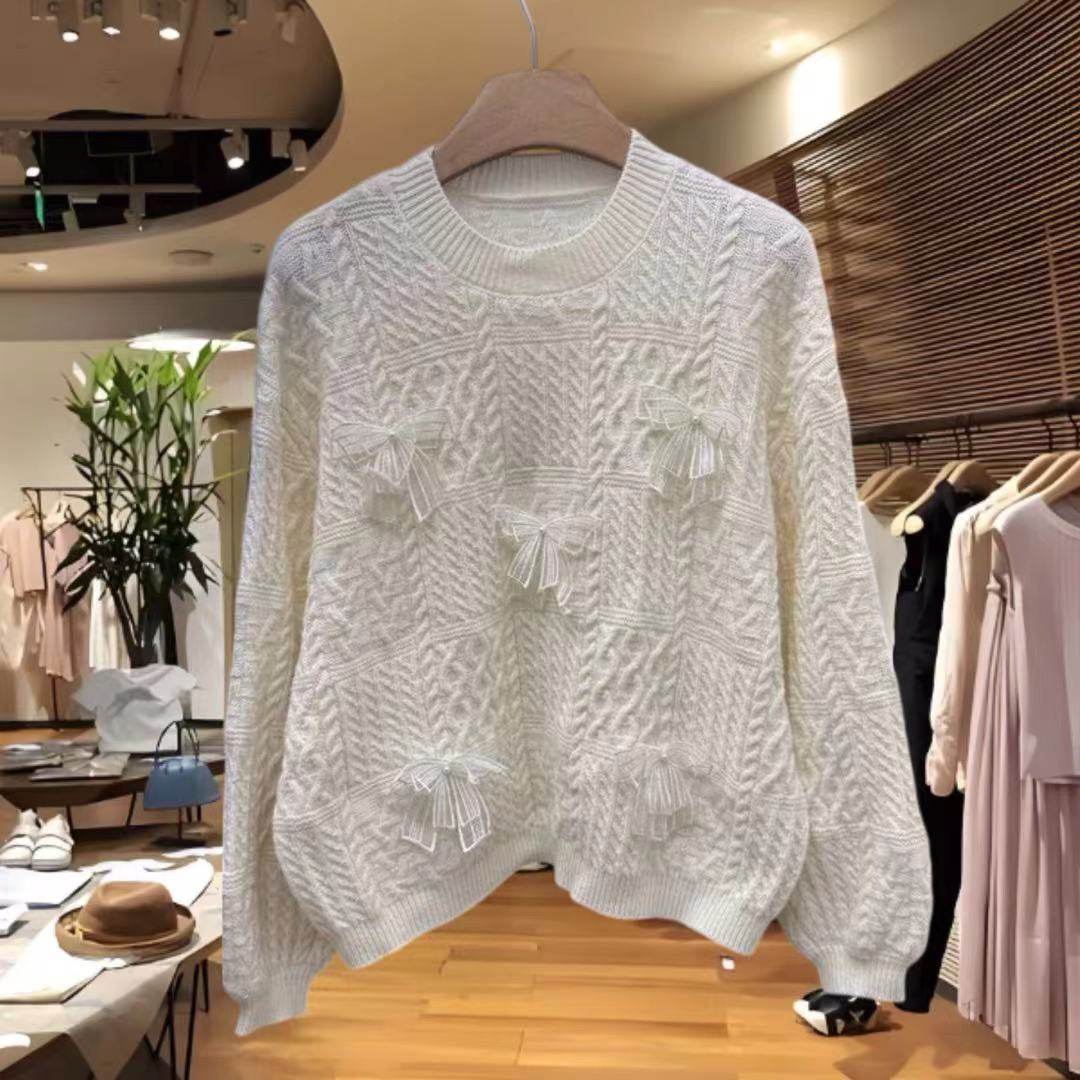 7020正版2025冬季新品圆领宽松显瘦麻花蝴蝶结绵羊毛针织衫毛衣