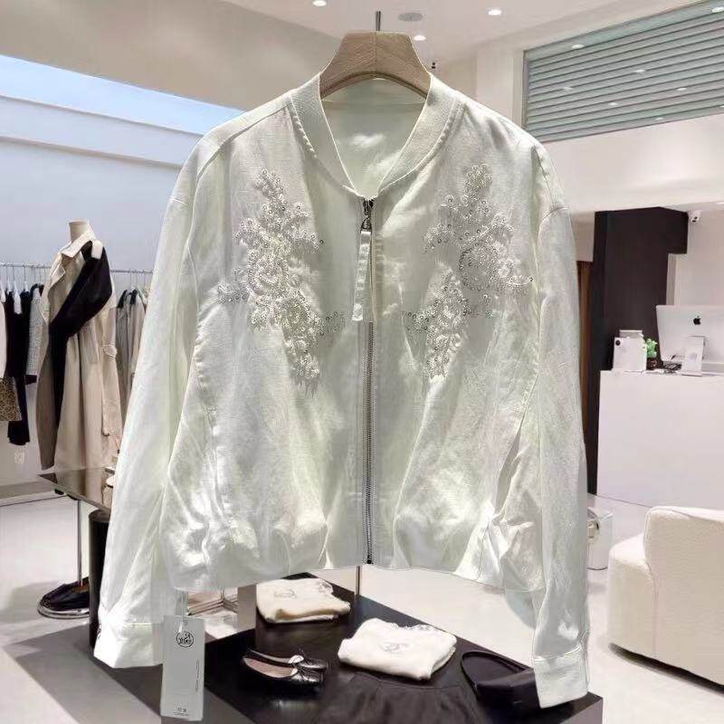 CZ26188 重工亮片刺绣花休闲天丝亚麻单件棒球服短外套欧货春装