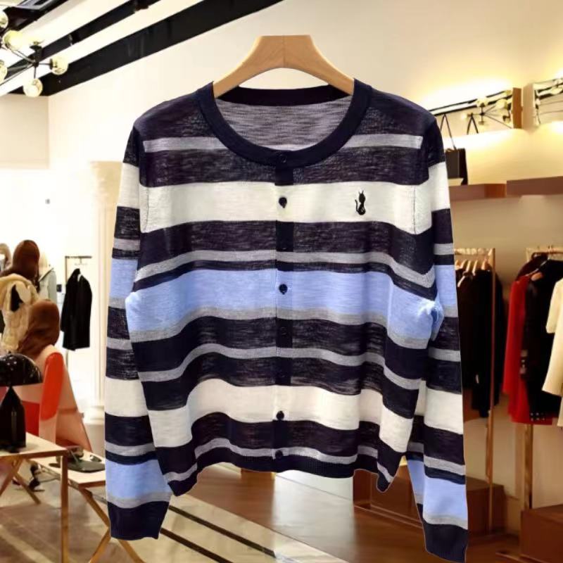 早秋圆领长袖针织衫女显瘦细羊毛开衫毛衣上衣条纹卡通刺绣潮