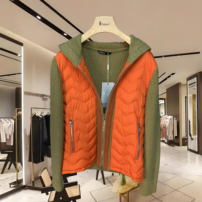 魅力前沿女女款羽绒服拼接羊毛针织时尚连帽拉链女装外套短款上衣