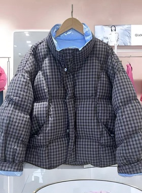欧货19652短款羽绒服女2025冬新款宽松百搭立领加厚格子外套