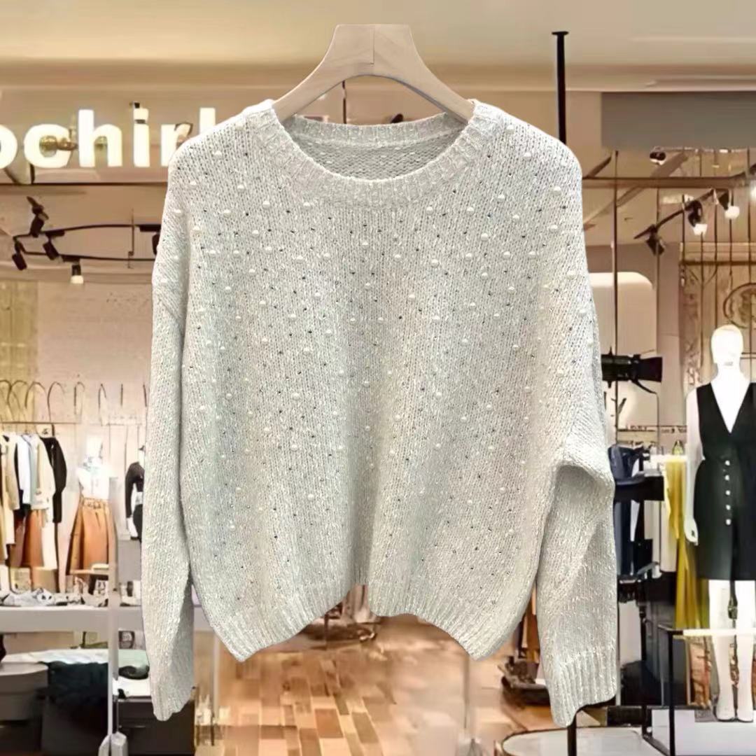 买手店女装小众设计师款白色圆领时尚亮片宽松长袖针织衫秋冬毛衣