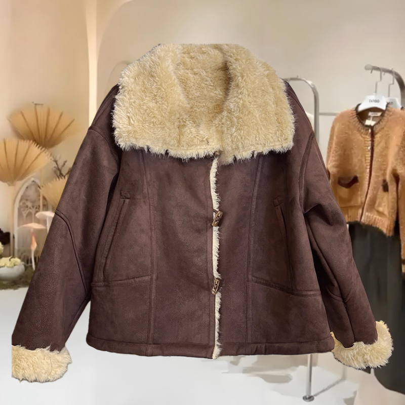 米索米素8021 欧货高端翻领气质皮毛一体外套秋冬款鹿皮绒外套