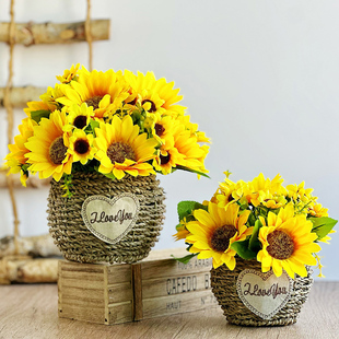向日葵假花仿真花篮客厅摆设插花餐桌装 饰家居花艺绢花束绿植插花