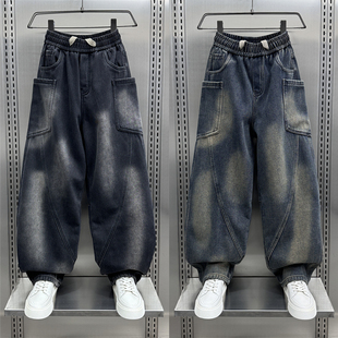 老爹裤 多口袋美式 青年痞帅时尚 男冬加绒休闲弯刀裤 休闲加绒牛仔裤