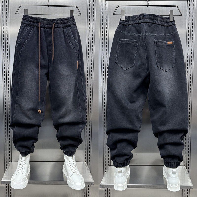 潮牌拼接水洗束脚牛仔裤男士2024春季新款宽松痞帅磨白九分哈伦裤,男装,牛仔裤,淘宝优惠券,粉丝福利购,淘宝优惠卷