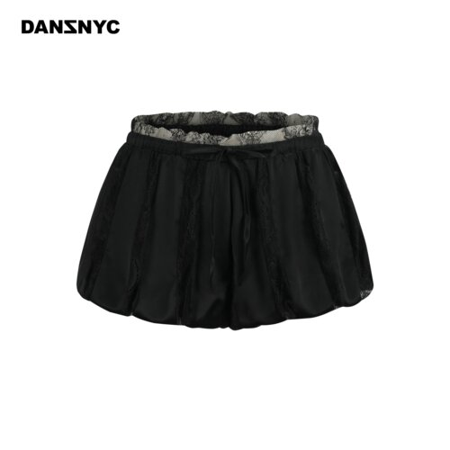 DANZ春夏醋酸蕾丝拼接南瓜灯笼裤抽绳松紧腰休闲叠搭短裤