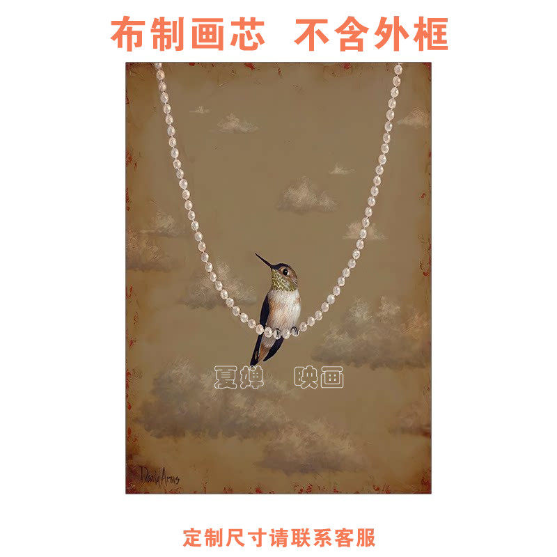 美式小众艺术装饰画法式复古玄关壁画欧式卧室优雅珍珠小鸟挂画芯