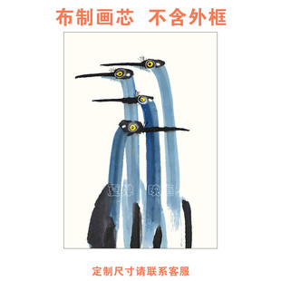 中古风VINTAGE绿色油画手绘蓝鹤动物装饰画客厅装饰 画芯不含画框