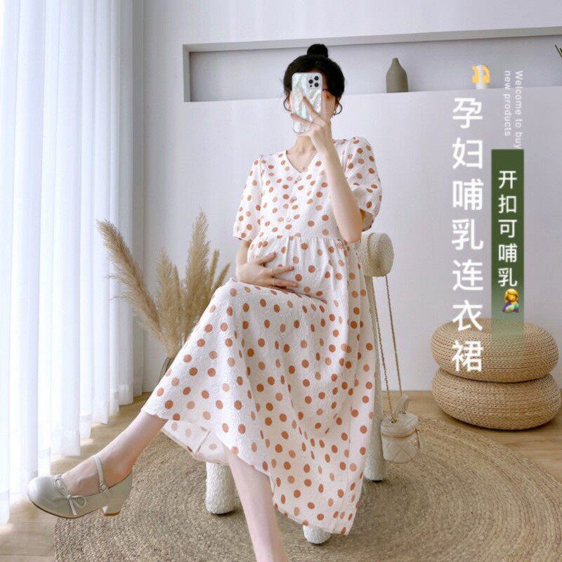 孕妇哺乳连衣裙夏装时尚套装夏款2024新款洋气波点小个子短袖裙子