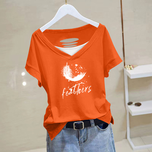 破洞上衣女韩版 轻奢春夏2026夏季 V领拼接个性 短袖 休闲0325z1 新款