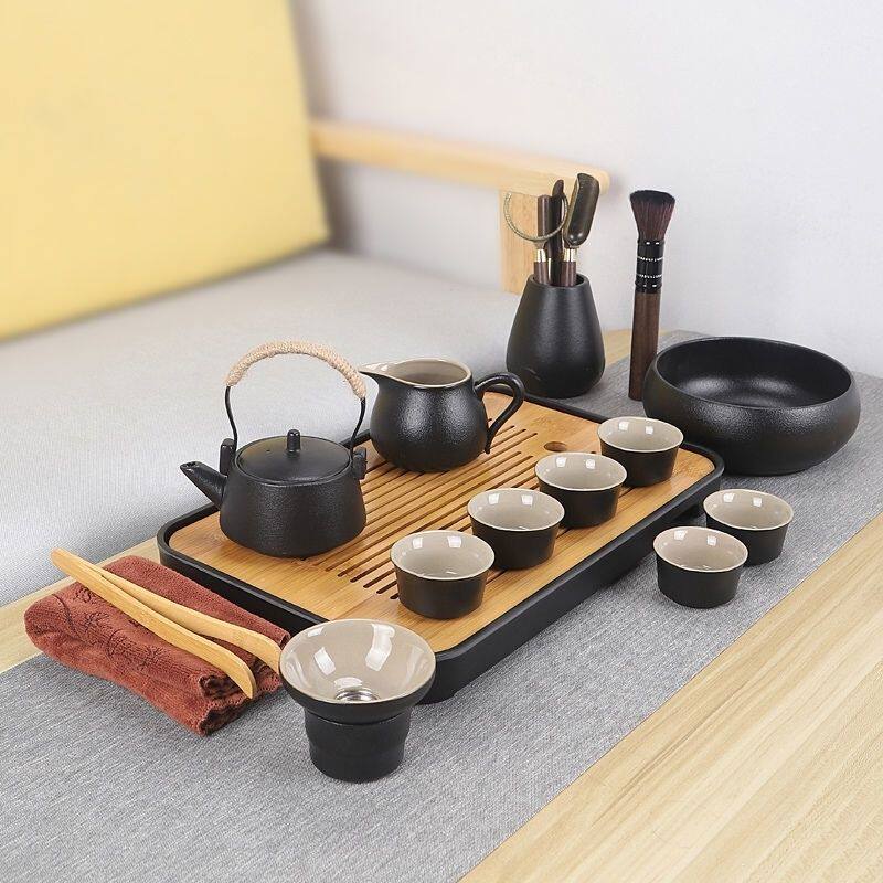 黑陶茶壶茶杯功夫茶具套装家用日式简约现代一壶六杯托盘茶盘