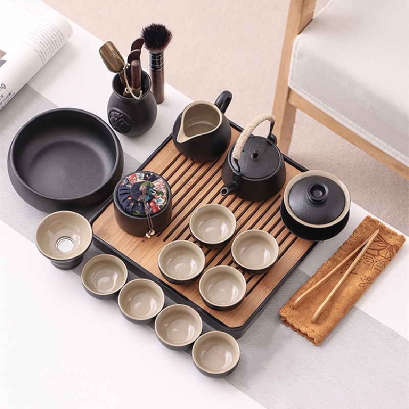黑陶盖碗茶杯小套装家用办公陶瓷提梁壶功夫茶具日式简约干泡茶盘