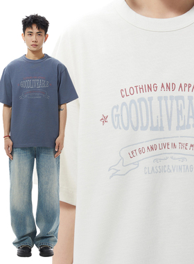 GOODLIVEABLE 240G纯棉校园印花竹节棉短袖t男恤休闲百搭圆领体恤