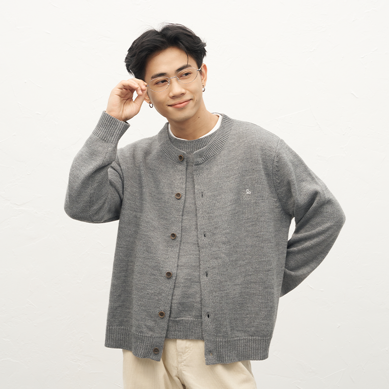 GOODLIVEABLE 假两件羊毛混纺开衫毛衣男秋冬老钱风MIU系针织外套
