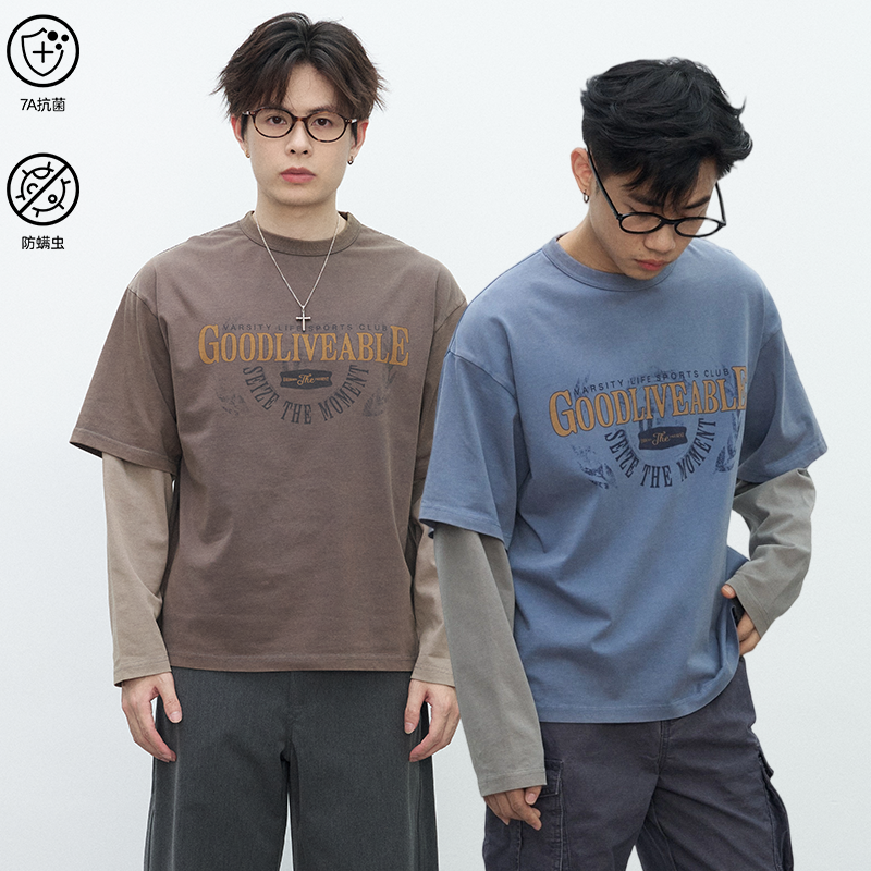 GOODLIVEABLE 255G纯棉炒色假两件长袖t恤男印花秋冬美式休闲上衣,男装,T恤,淘宝优惠券,粉丝福利购,淘宝优惠卷