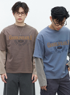 GOODLIVEABLE 255G纯棉炒色假两件长袖t恤男印花秋冬美式休闲上衣