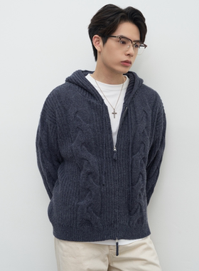 GOODLIVEABLE  复古秋冬绞花连帽毛衣老钱风休闲花型肌理开衫外套