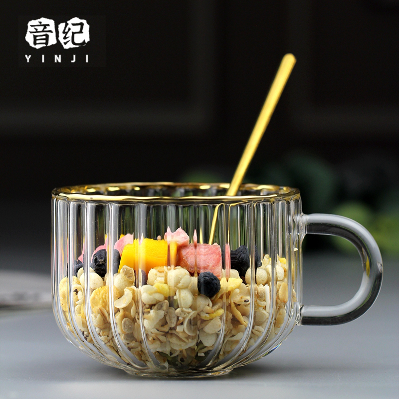 轻奢高级感早餐杯牛奶杯家用耐热燕麦片玻璃杯子手柄花茶杯咖啡杯