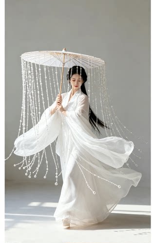 原创珠帘汉服羽毛lolita飘带唯美大气cos伞超仙重工配饰工艺伞
