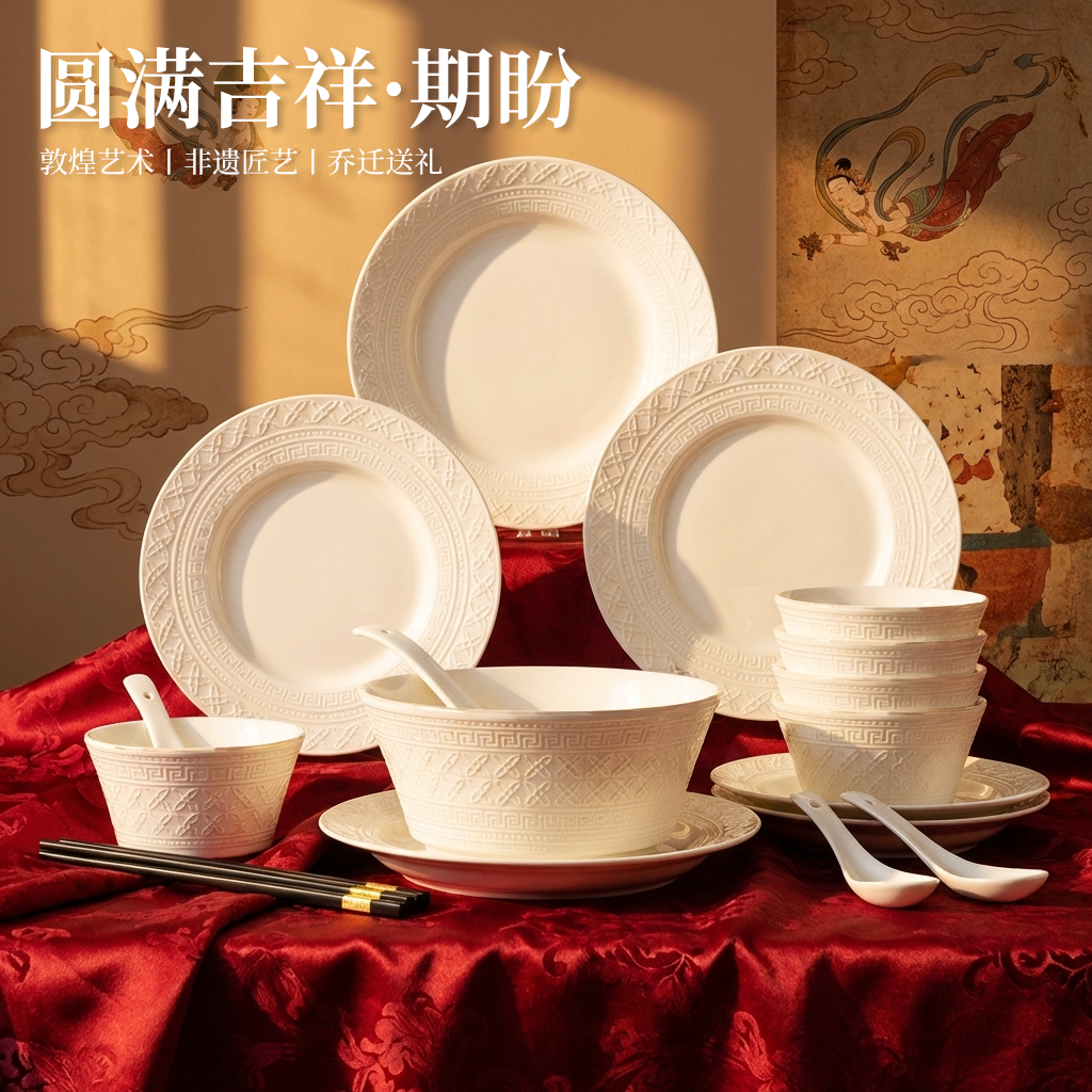 景德镇釉下彩碗碟餐具套装纯白浮雕高级感碗盘餐具家用乔迁送礼