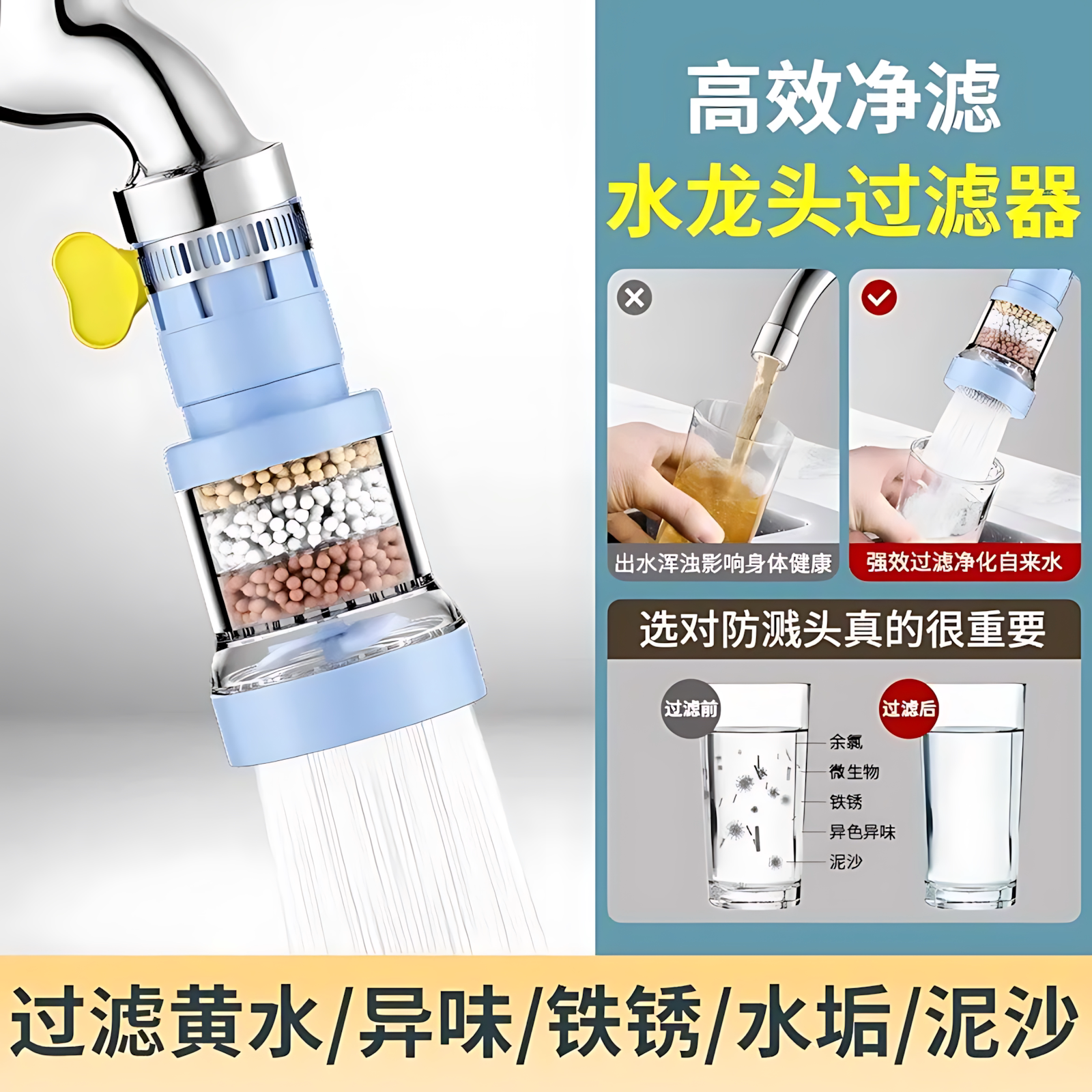 水龙头过滤器通用防溅嘴厨房净水神器家用自来水净化花洒滤芯水质