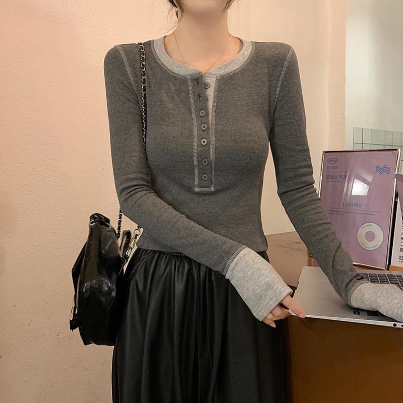 实拍2*2螺纹260G长袖t恤女2025早春新款修身撞色打底衫圆领上衣