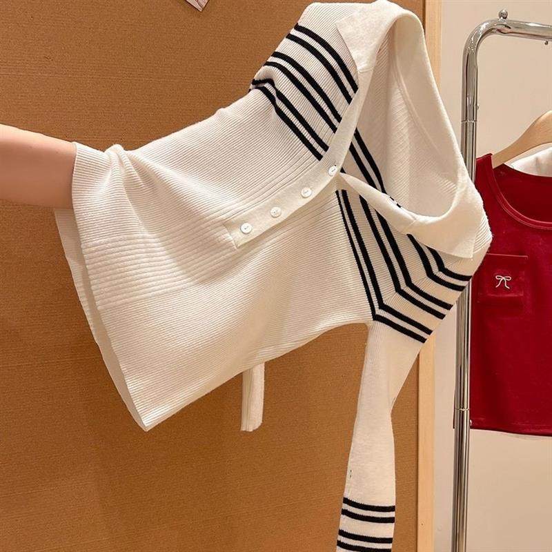 辣妹条纹拼接POLO领纽扣长袖针织衫女2025秋季修身内搭打底衫上衣