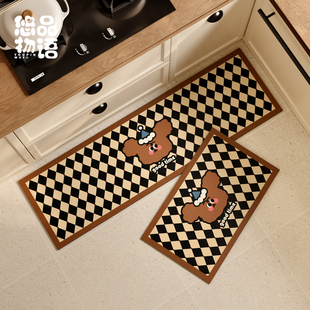 卷毛小狗复古棋盘格厨房专用地垫防滑防油吸水脚垫耐脏污防摔地毯