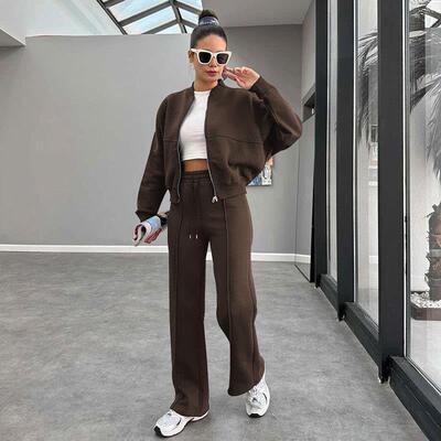 autumn Zipper jacket and straight leg pants set 加绒欧美套装