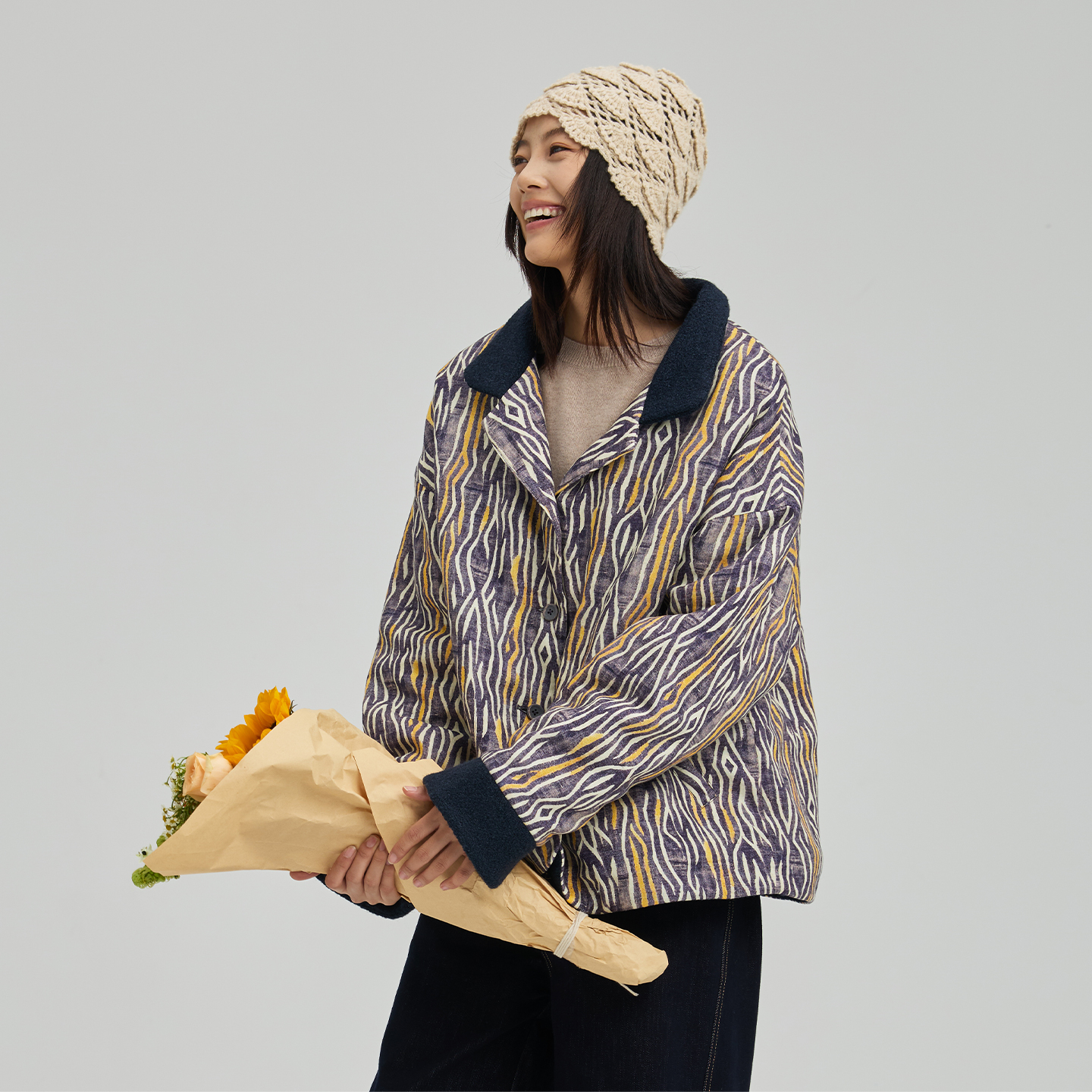 无色无味羊毛混纺亚麻棉服外套女