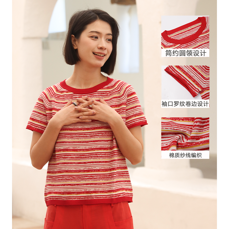 无色无味【蜜意生活】全棉编织套头毛衫复古条纹圆领短袖女士上衣