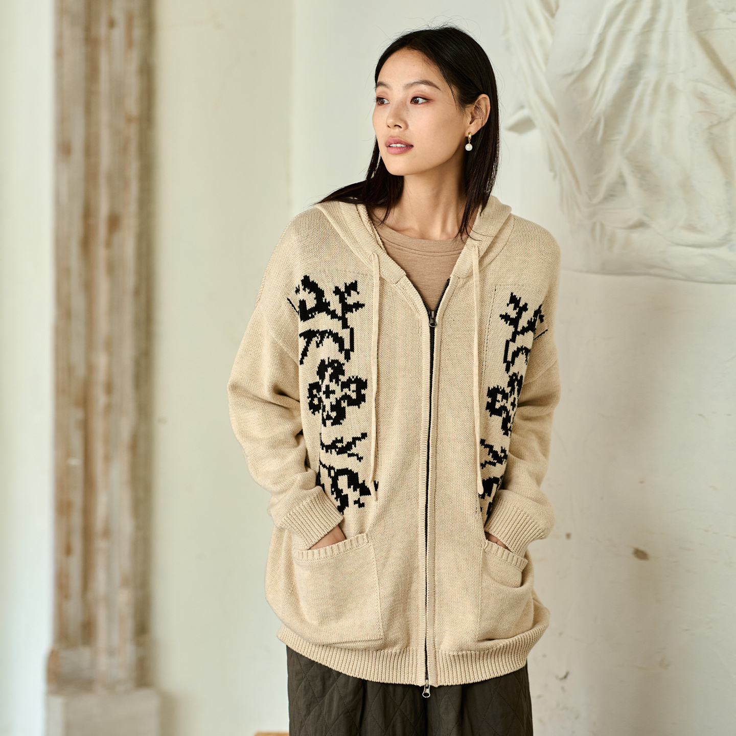 无色无味连帽双拉链针织提花外套